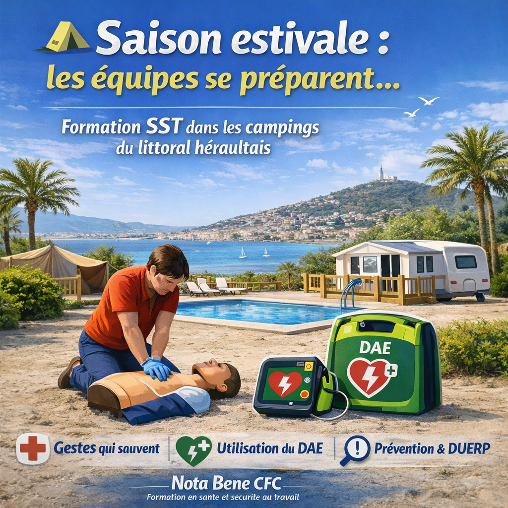 Formation SST équipe camping littoral héraultais avant ouverture de saison - Nota Bene CFC Formatrice SST Occitanie